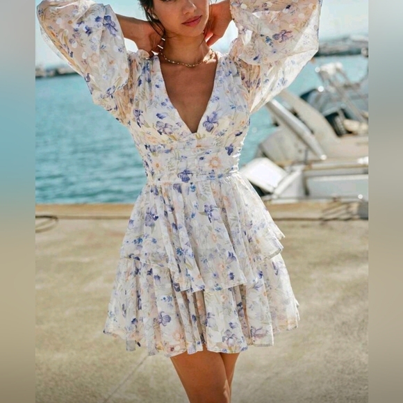 New Flowy Floral Dot Bishop Sleeve Tiered Mini Ruffle Dress White Blue Purple - Picture 4 of 10